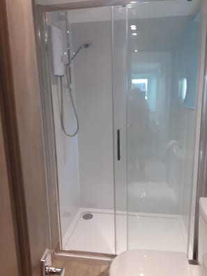A glass-enclosed shower stall with a handheld showerhead and a toilet visible through the glass. - The Coorie Inviting 1-bed Apartment in Oban (Oban)