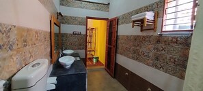 Cottage, Multiple Beds | Bathroom | Separate bathtub and shower, deep-soaking bathtub, towels - Mithila Eco Stay - Explore Chettinad - Suite Room (Thirumayam)