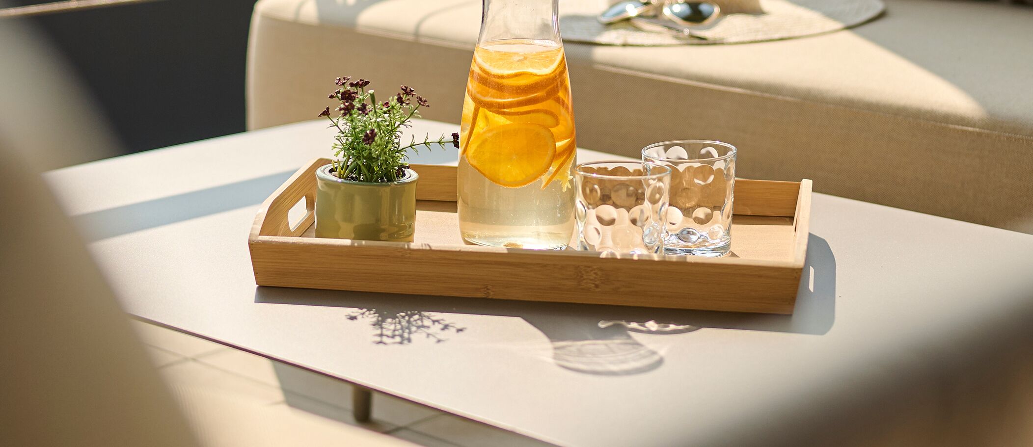 A tray with a bottle of water, glasses, and a small plant on a table.