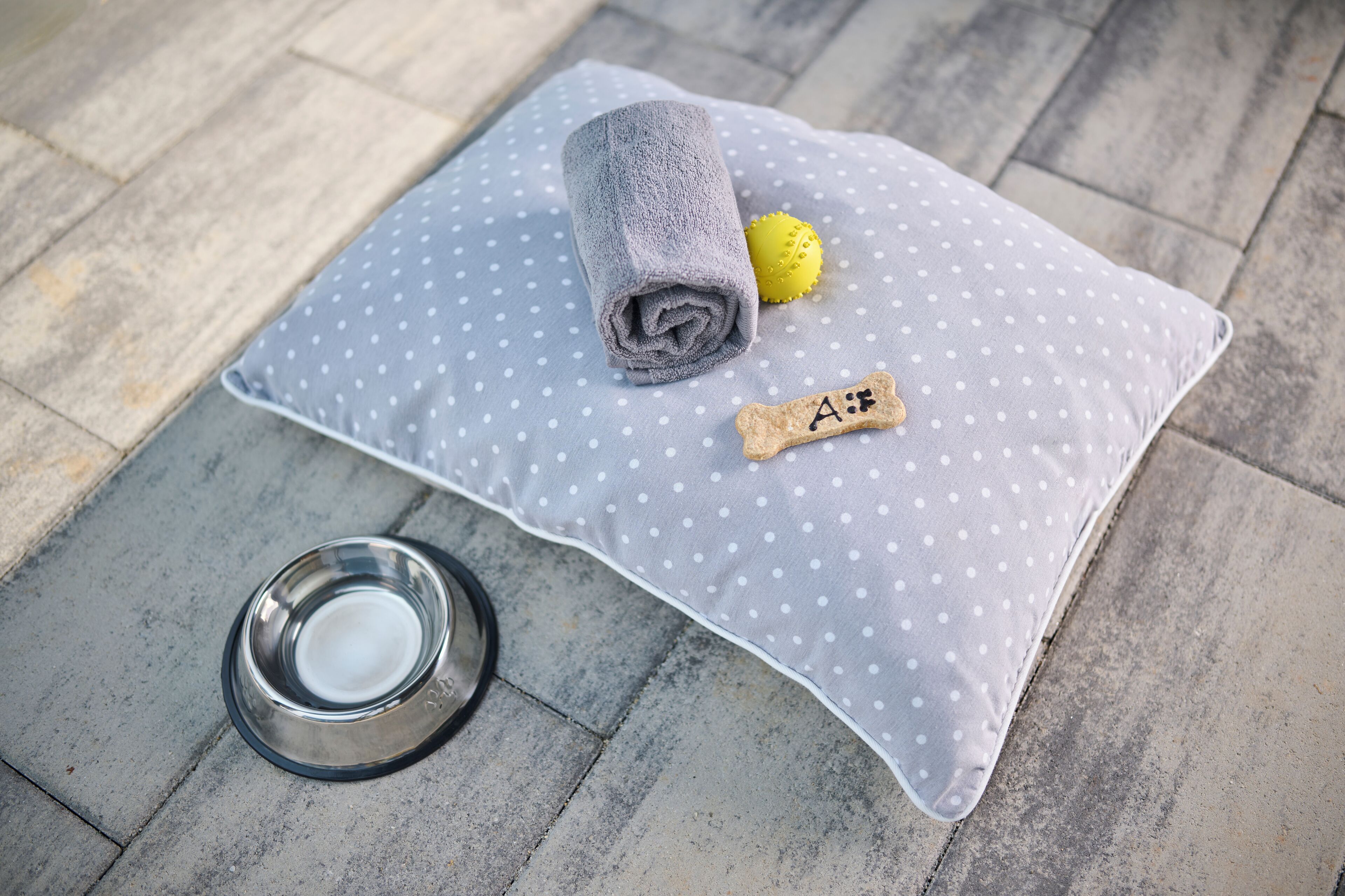 Cuscino a pois con un asciugamano arrotolato e un'etichetta a forma di osso su un pavimento piastrellato.