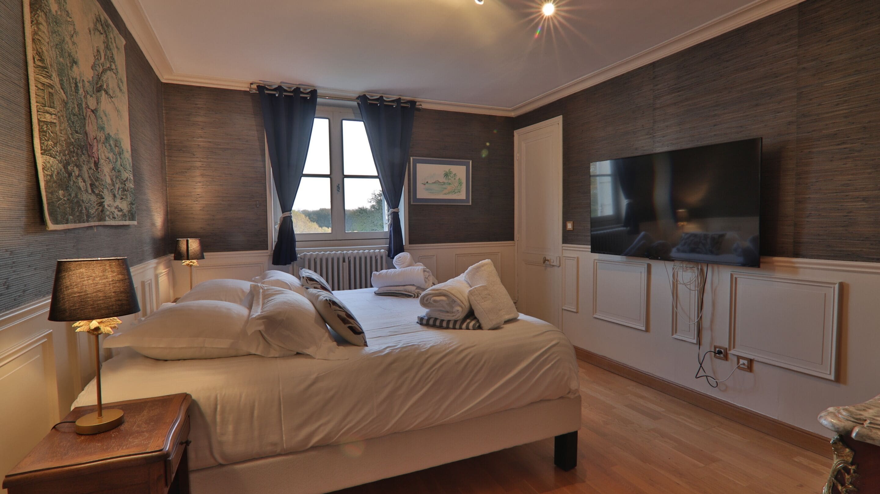 Un dormitorio con cama, televisor de pantalla plana, radiador y ventana con cortinas.