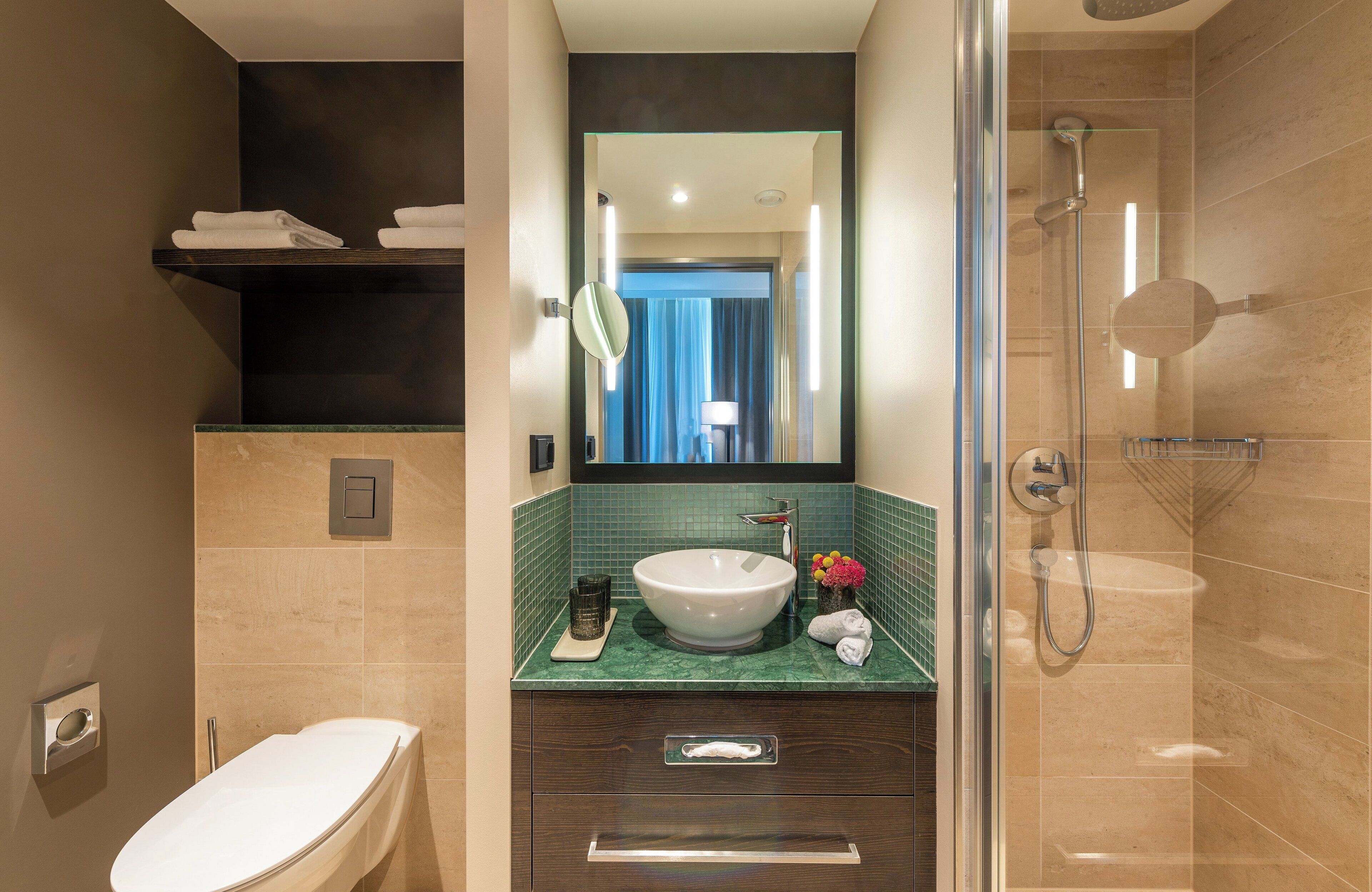 superior double room | bathroom | shower, rainfall showerhead, hair dryer, towels