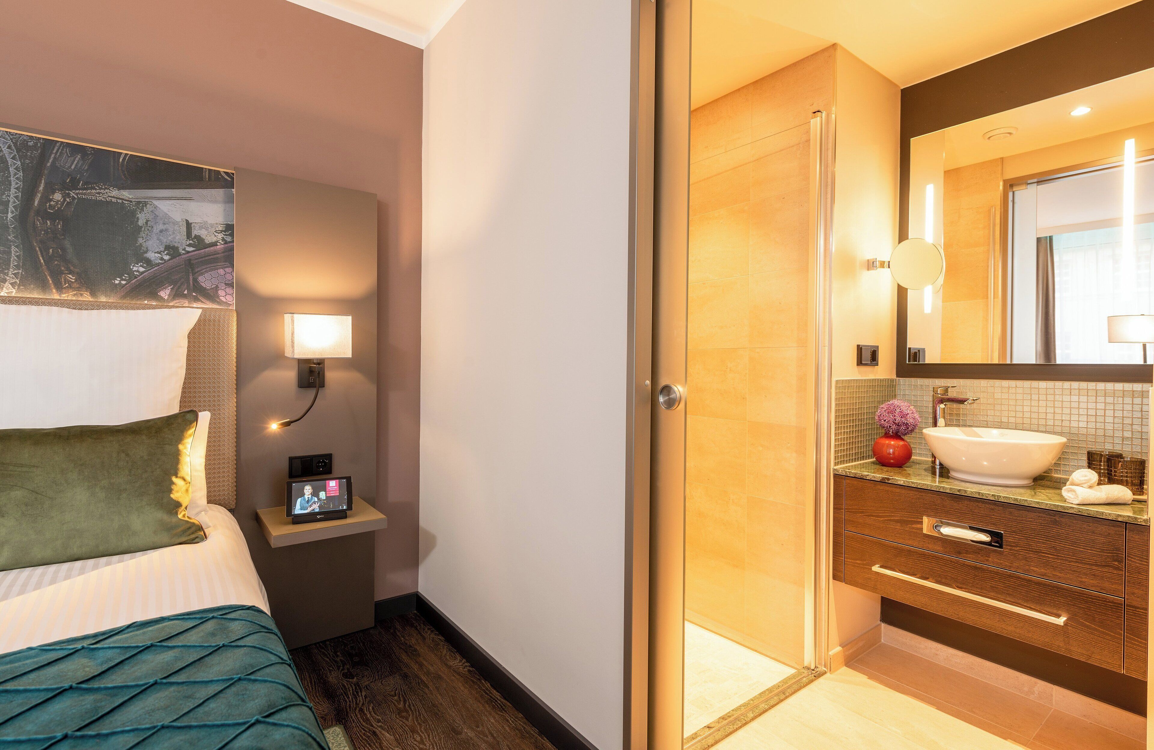 shower, rainfall showerhead, hair dryer, towels