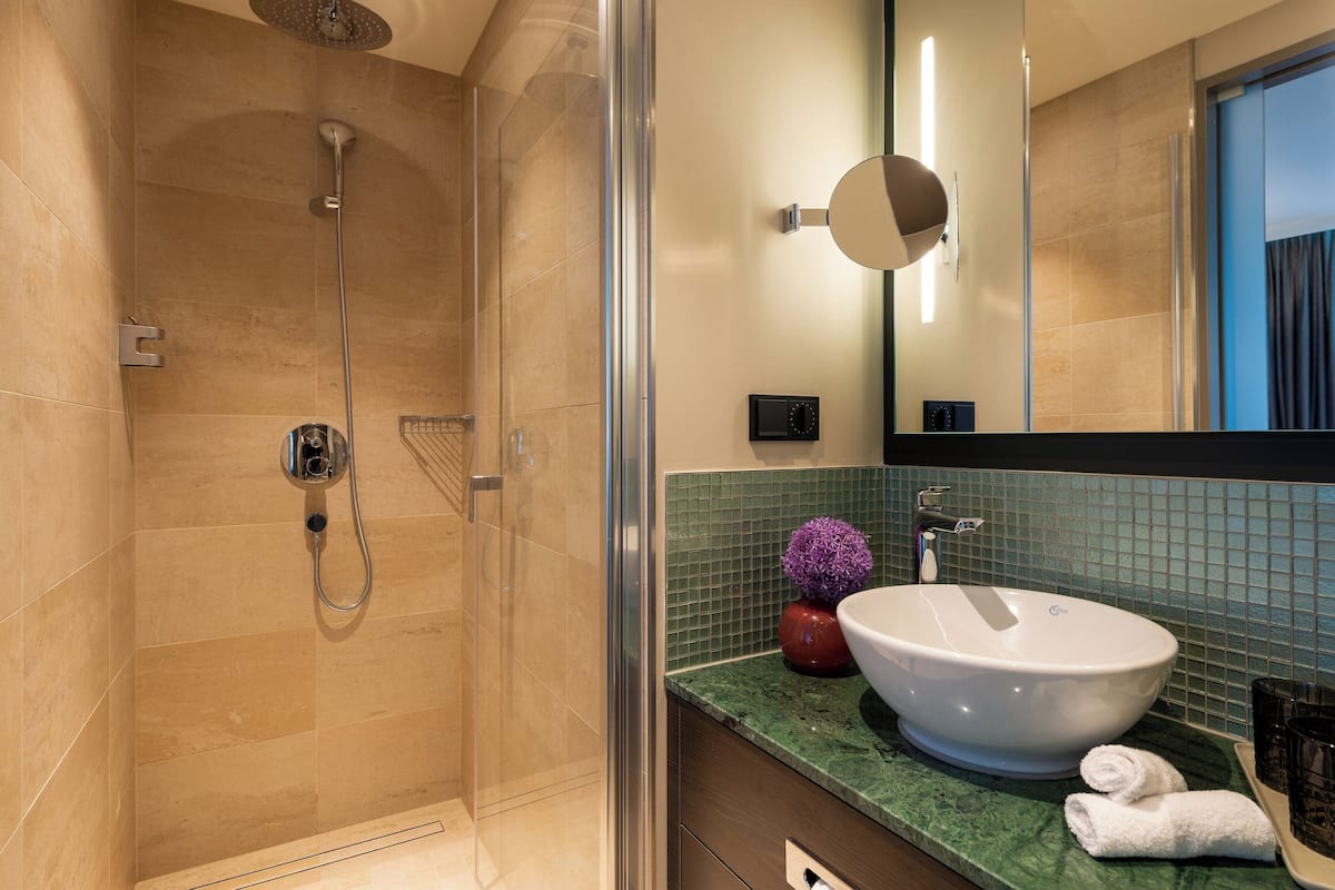 shower, rainfall showerhead, hair dryer, towels