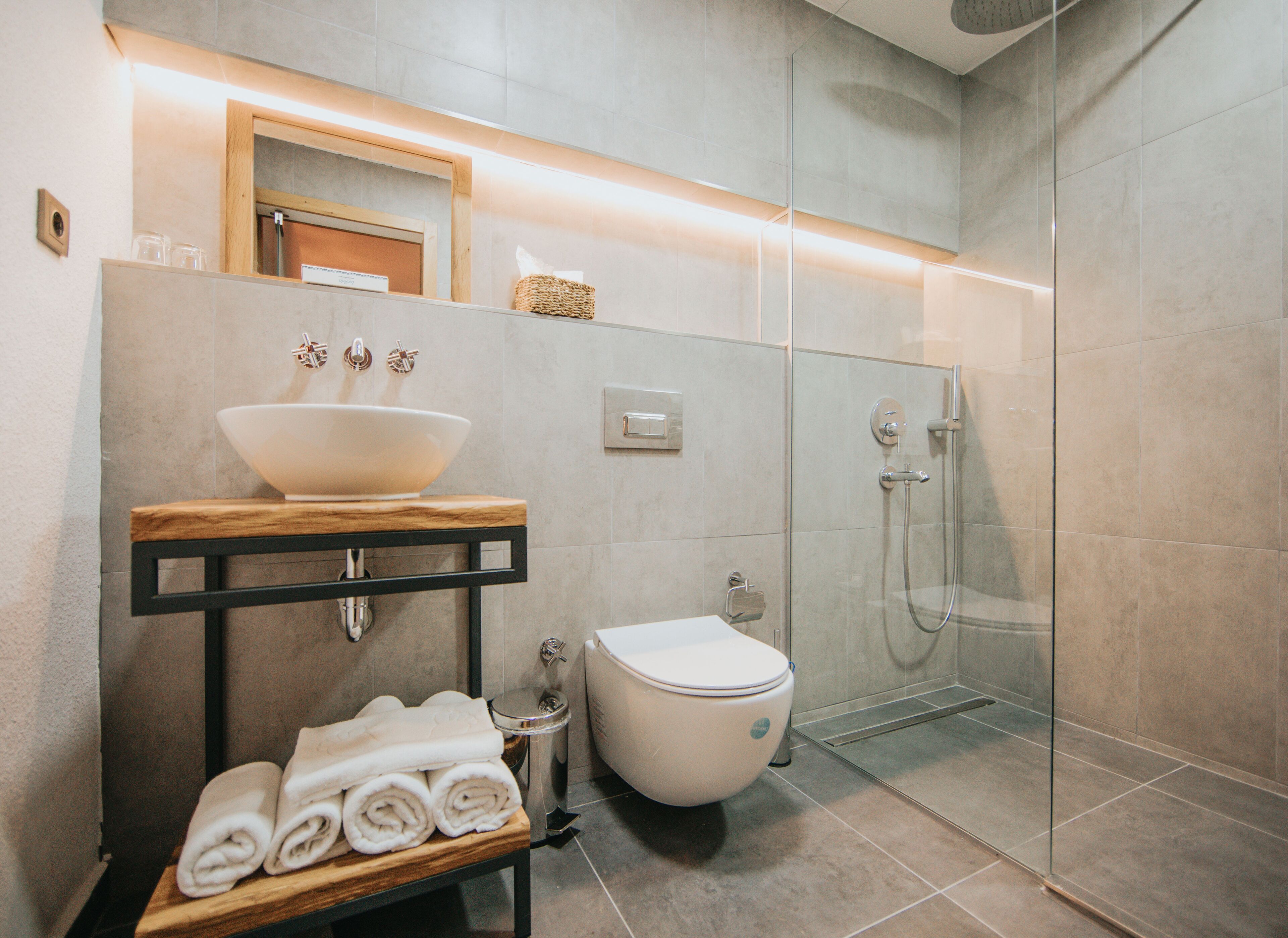 shower, hair dryer, bathrobes, slippers