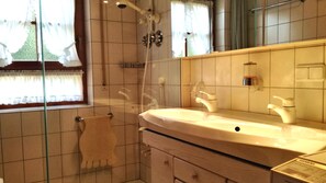 Dusche, Haartrockner, Handtücher, Toilettenpapier