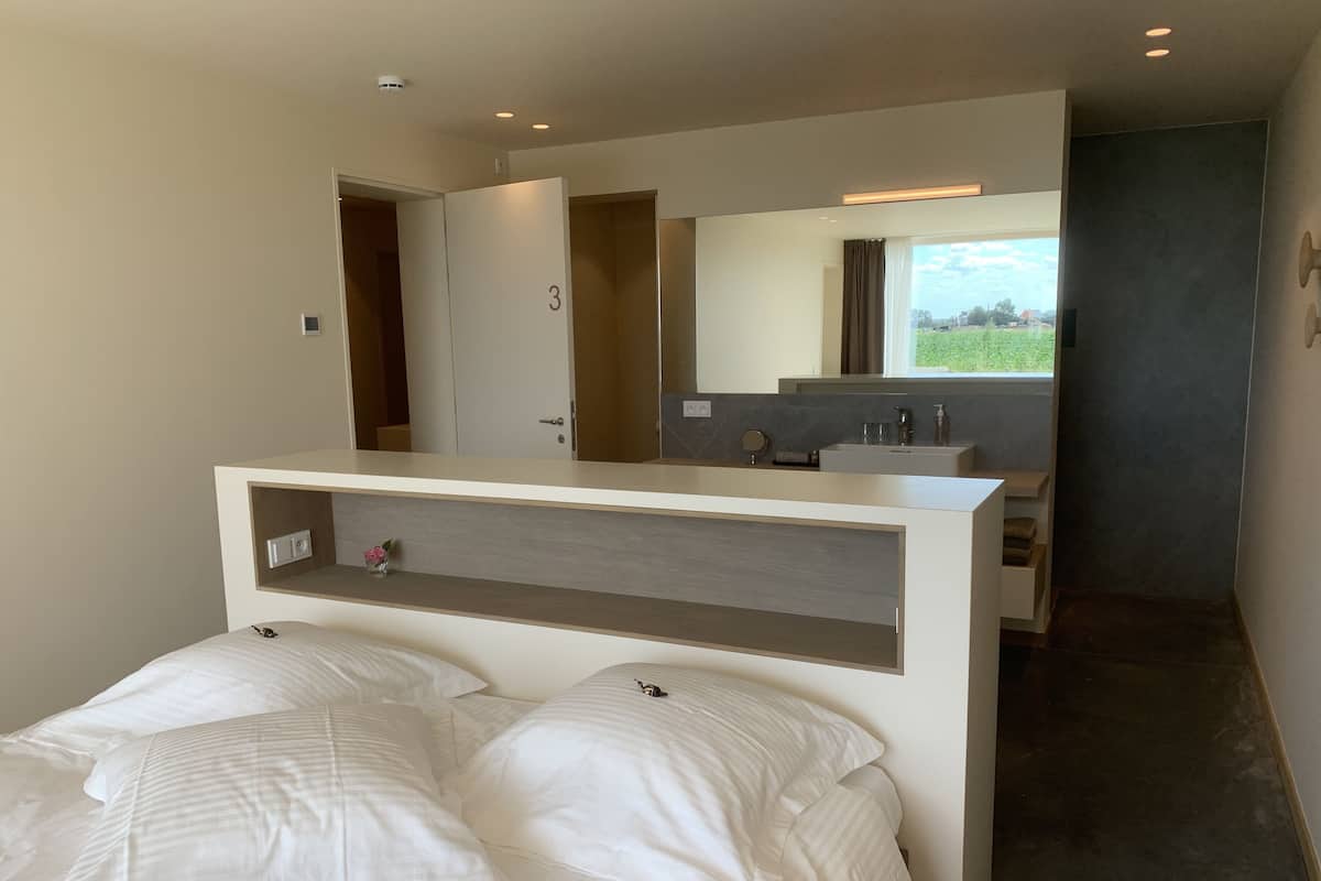 A modern hotel room with a large bed, a bathroom with a vanity, and a view of the outdoors.