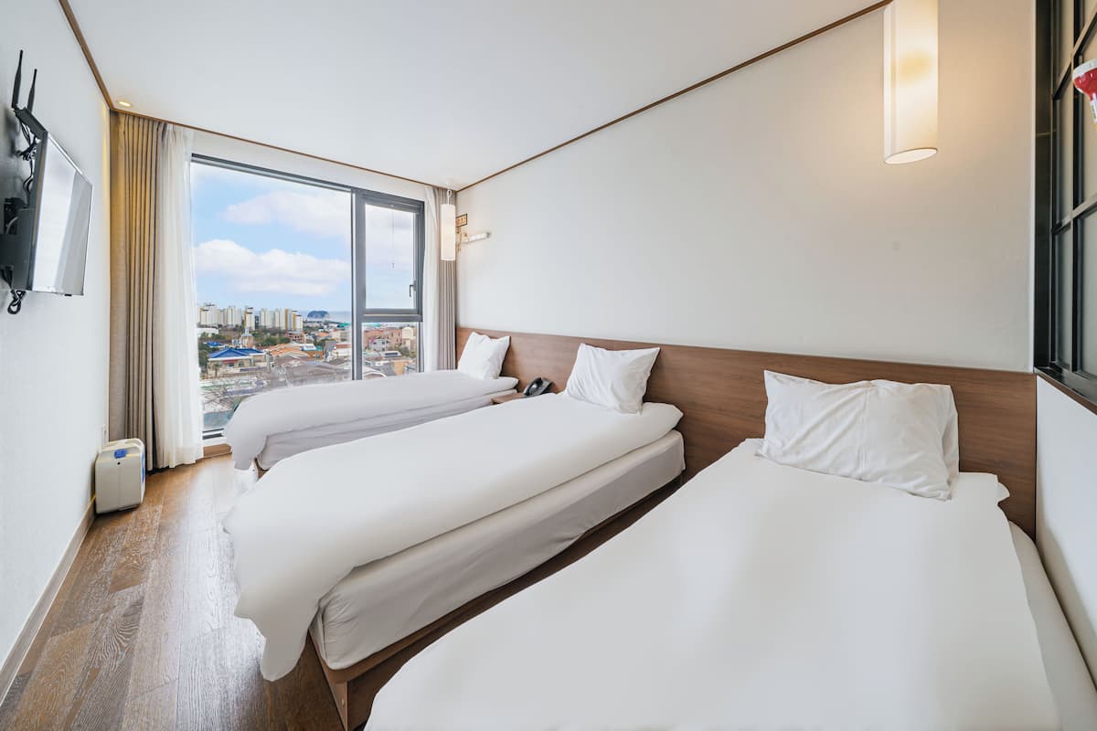 Ein Hotelzimmer mit zwei Betten, einem großen Fenster mit Blick auf die Stadt, einem Flachbildfernseher und einer Wandlampe.