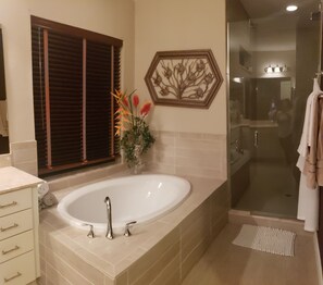 Hair dryer, towels, soap, shampoo