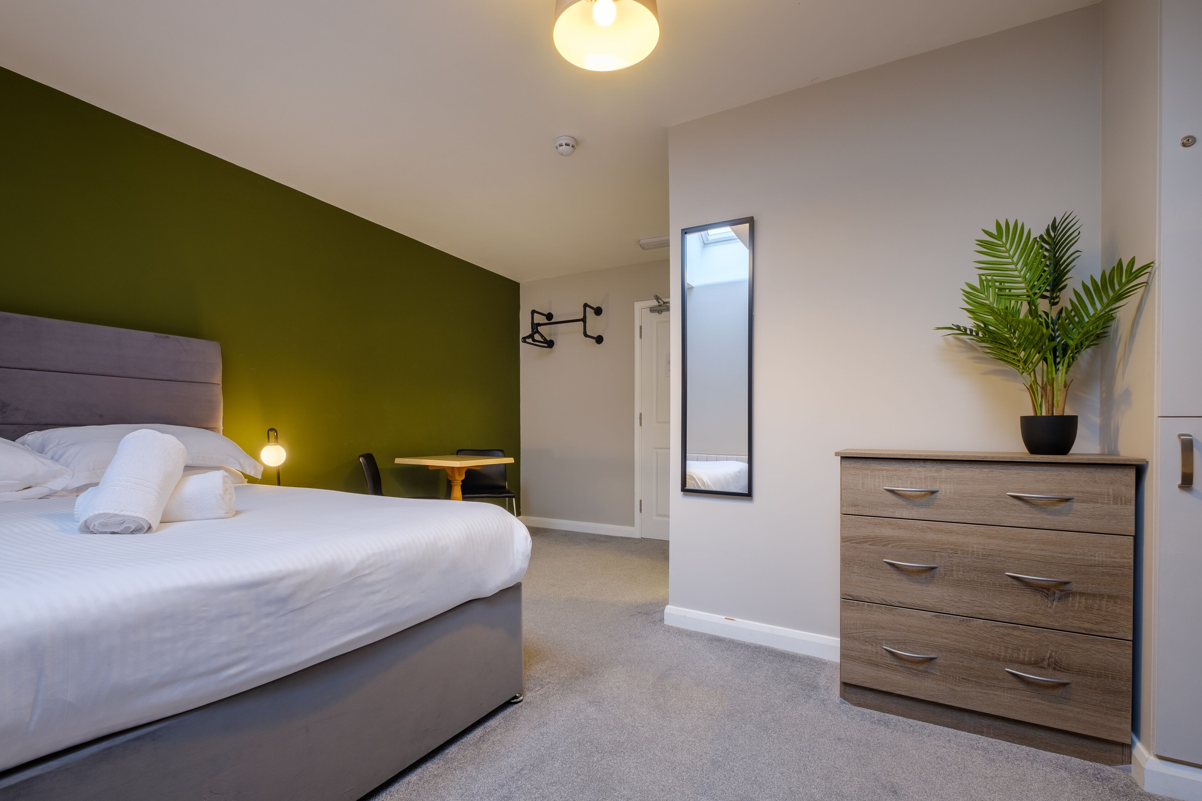 A bedroom with a bed, bedside table, dresser, and a potted plant.