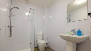 A bathroom with a glass shower enclosure, a white sink, and a toilet. - Station Lodge (Windermere)