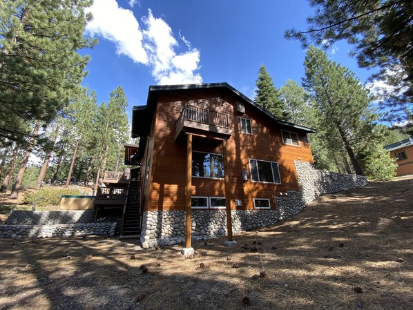 A two-story log cabin with a stone foundation, surrounded by pine trees.