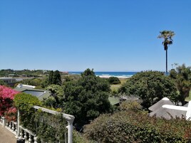A coastal view with a beach, palm trees, and residential buildings.