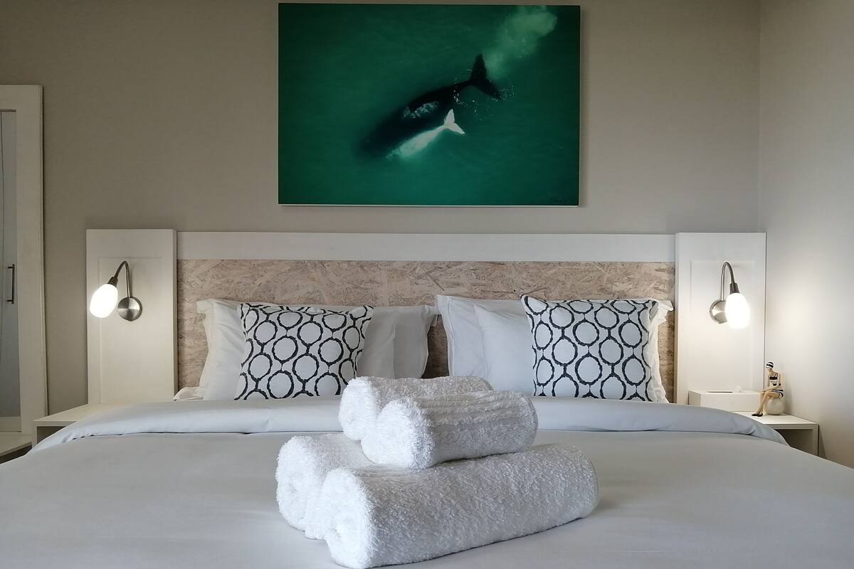 A hotel room with a bed, patterned pillows, a wall-mounted artwork of a whale, and bedside lamps.