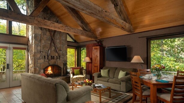 A cozy living room with a stone fireplace, wooden beams, a television, and a dining area with a table and chairs. - Riverside Chalet Plus (Confluence)
