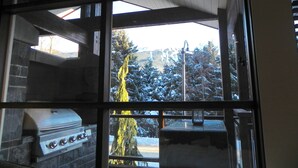 A view through a window of a grill and a snow-covered landscape. - FAB FITZWALK Townhome FAMILY GETAWAY! Hot Tub, 2 car garage, minutes to Village (Whistler)