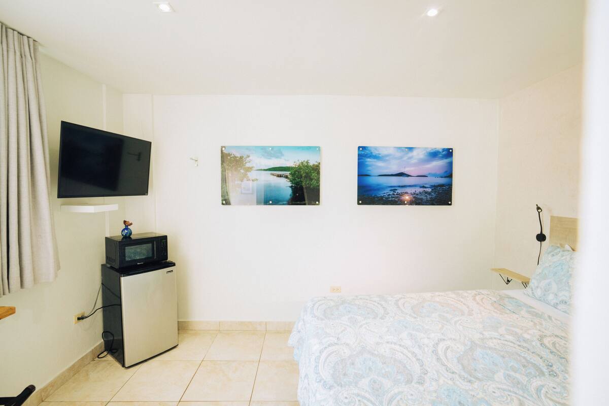 Een hotelkamer met een bed, een flatscreen televisie aan de muur, een kleine koelkast en twee afbeeldingen in lijsten.