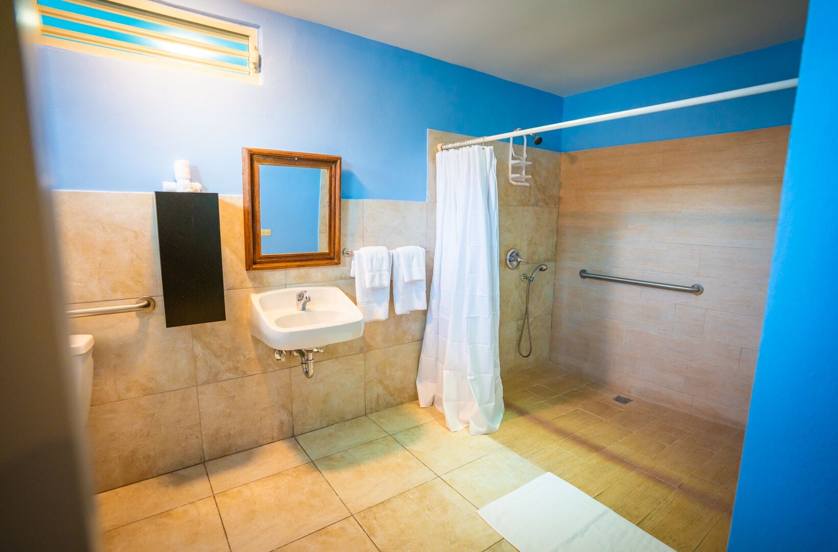 Ein Badezimmer mit Waschbecken, Spiegel, Dusche und Haltegriffen.