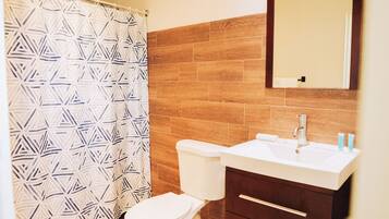 A bathroom with a toilet, sink, and shower curtain.