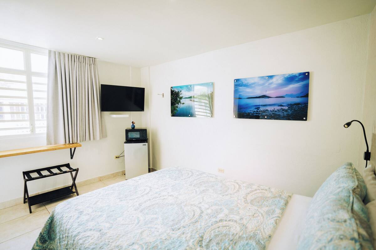 Een slaapkamer met een bed, een televisie, een bureau en twee foto's aan de muur.