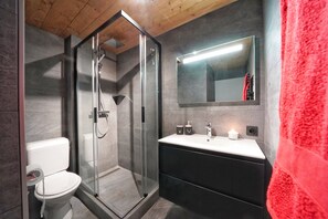Shower, hair dryer, towels, toilet paper