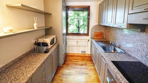 A compact kitchen with granite countertops, a built-in microwave, and a window with a view of trees. - La Ménandière - 3 bedrooms (Megève)