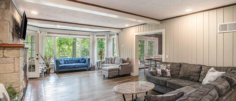 Smart TV, fireplace, video games, foosball