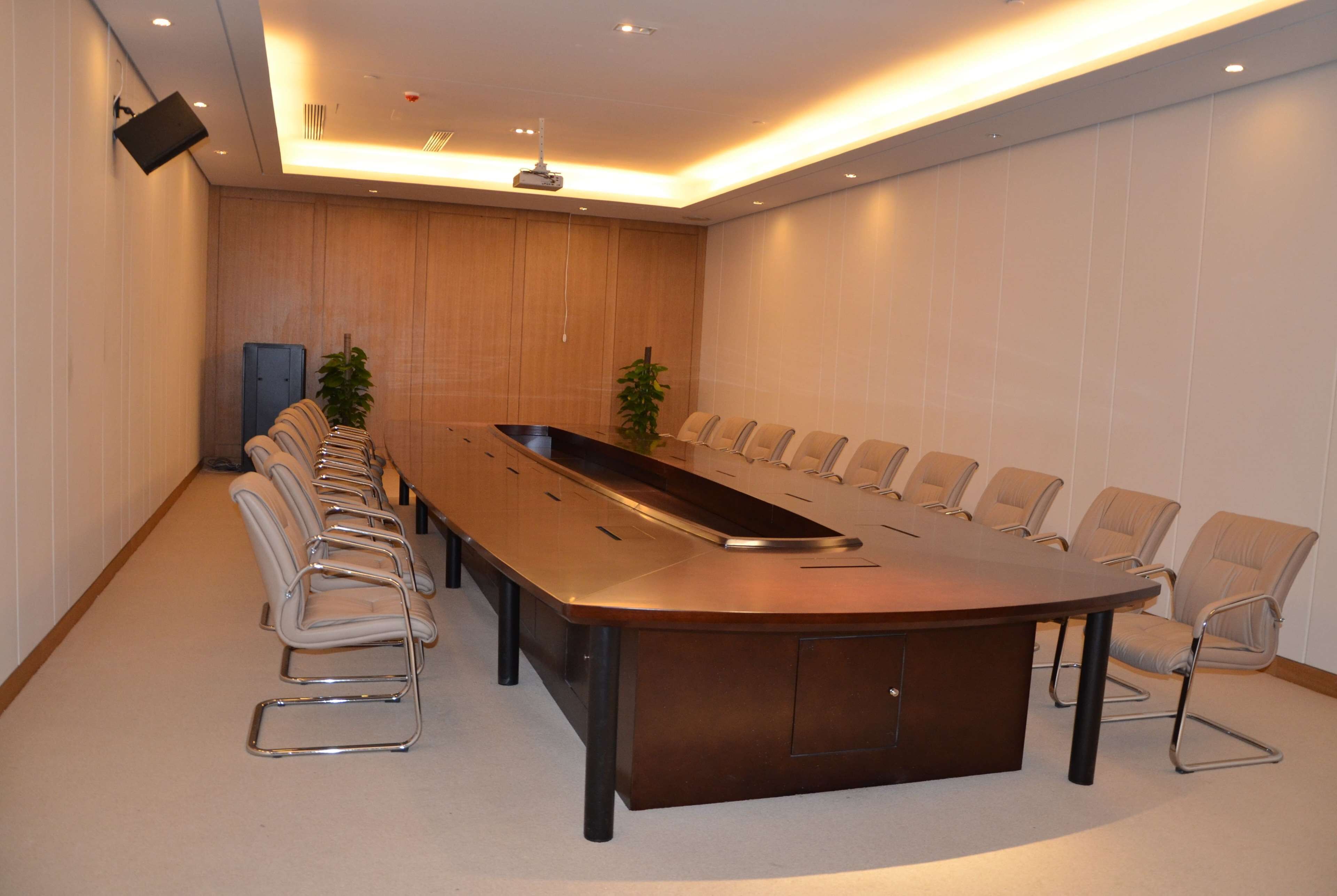 Una sala de conferències amb una taula llarga, cadires, un projecte i una planta.