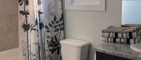 Suihkun ja ammeen yhdistelmä, hiustenkuivaaja, pyyhkeet, saippua