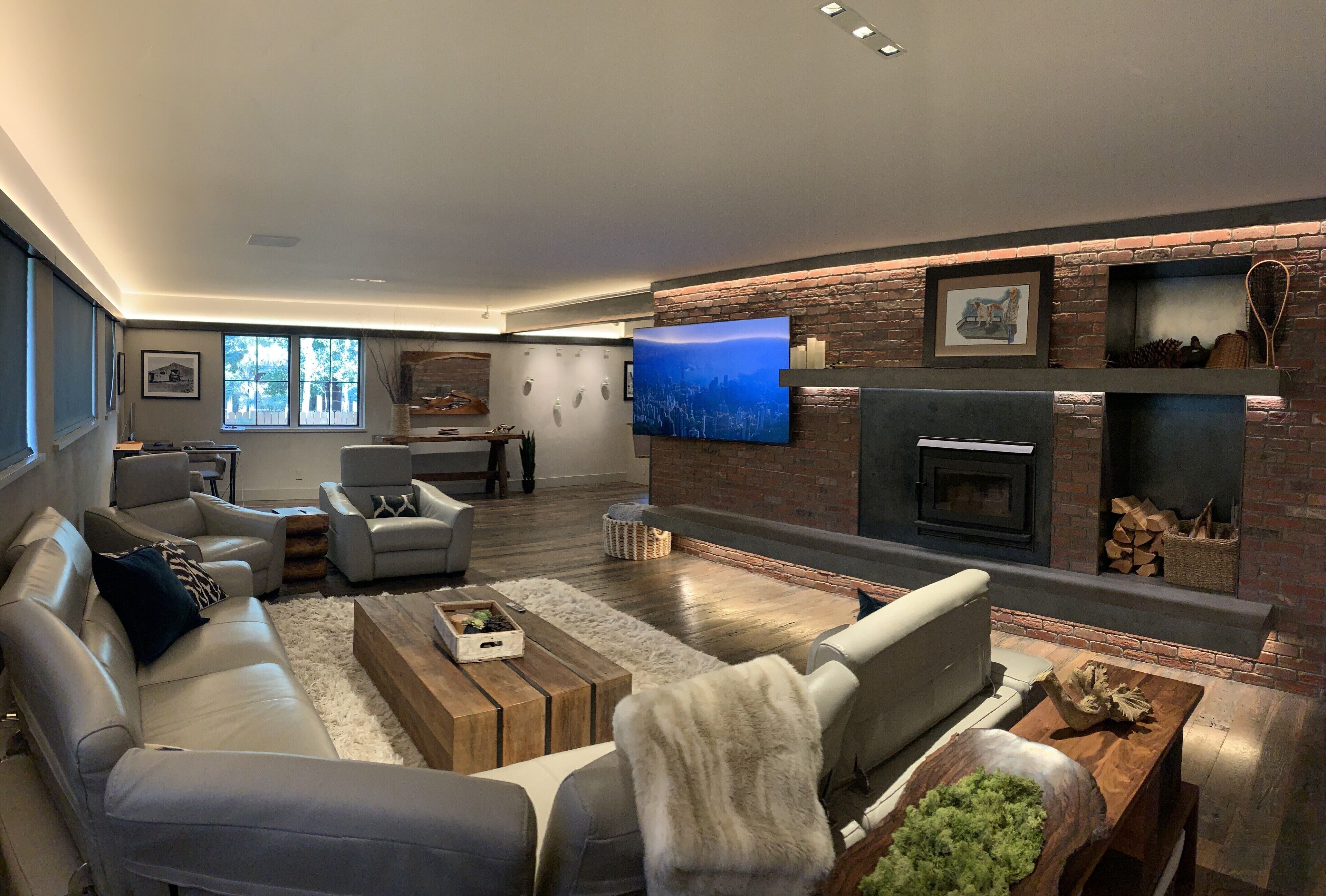 TV connectée, cheminée, livres, médiathèque