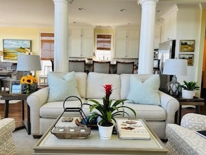 Smart TV, fireplace, books, computer monitors