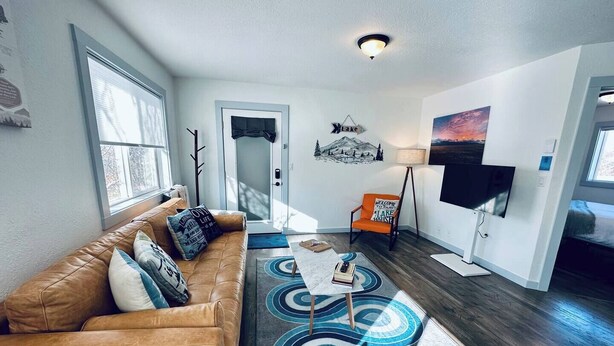 Ein Wohnzimmer mit einem braunen Ledersofa, einem Teppich in Blau und Weiß, einem Fernseher und einem Gemälde mit einer Berglandschaft an der Wand.