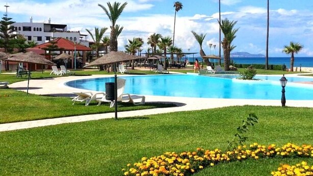 A swimming pool surrounded by palm trees and lounge chairs, with a view of the ocean and a building in the background.