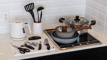 Fridge, microwave, electric kettle, griddle