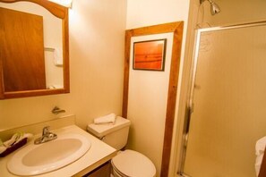 A bathroom with a sink, toilet, and a framed picture on the wall. - Whiffletree D3 (Killington)