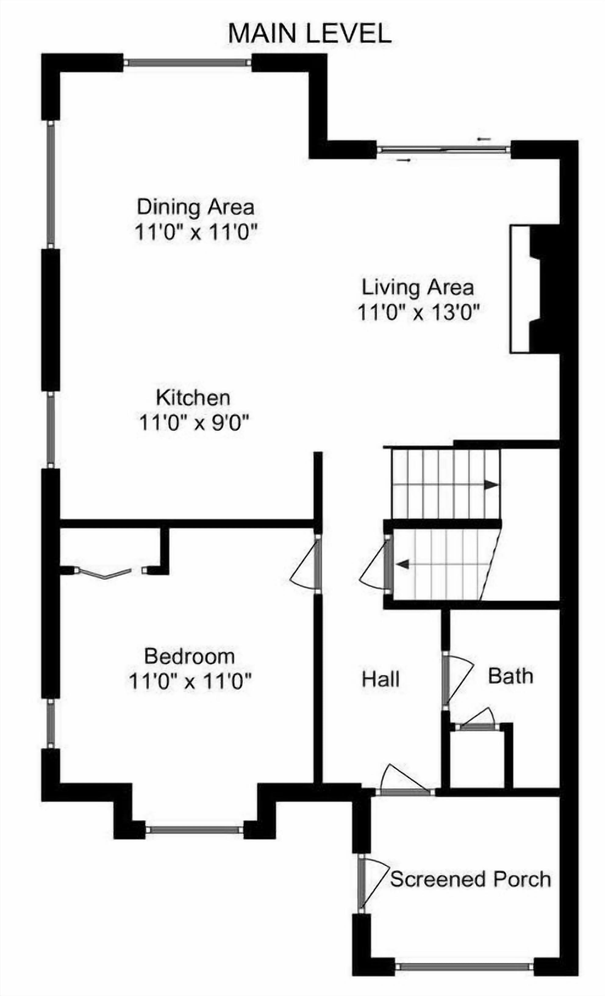 A floor plan with a main level including a dining area, kitchen, bedroom, living area, hall, and screened porch.
