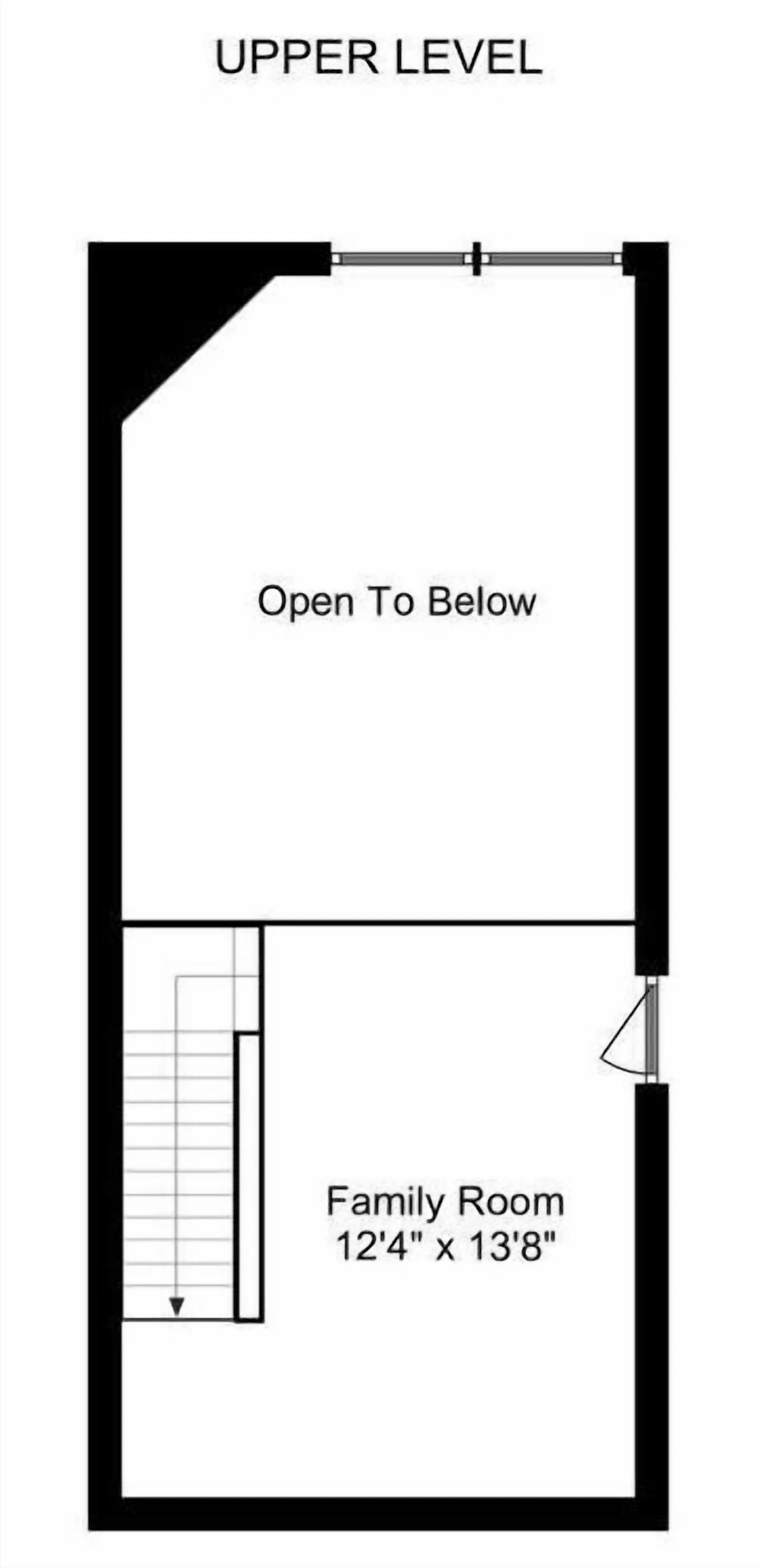 Un plan d’étage d’une chambre d’hôtel comprenant un niveau supérieur, une ouverture donnant sur l’étage inférieur, et une salle familiale mesurant 3,76 m x 4,17 m (12 pieds 4 pouces x 13 pieds 8 pouces).