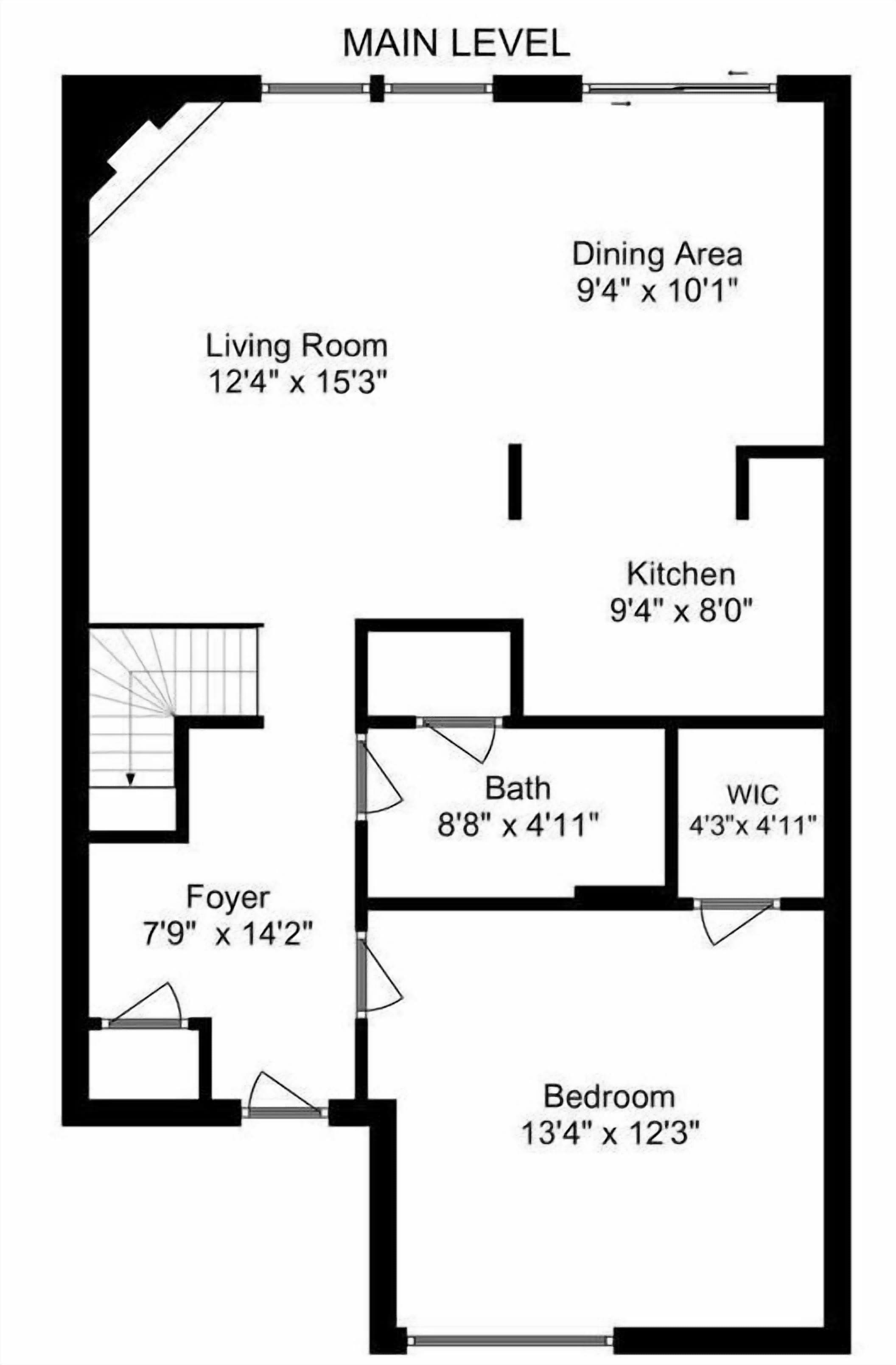 A floor plan of a main level apartment with a living room, dining area, kitchen, bathroom, foyer, and bedroom.