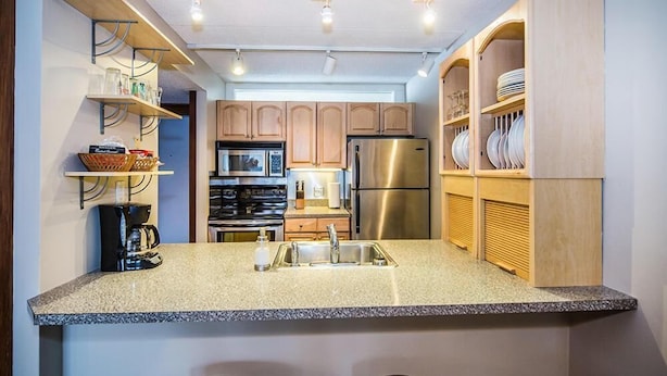 A modern kitchen with granite countertops, stainless steel appliances, wooden cabinets, and built-in shelves. - Pinnacle F8 (Killington)