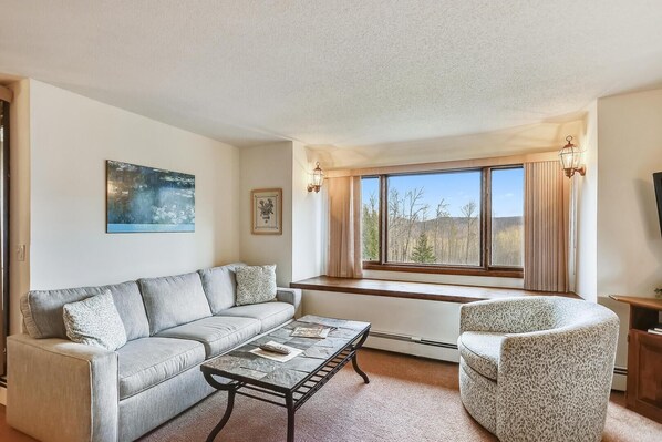 Condo, 1 cama Queen size y sofá cama (Sunrise Cambridge 101) | Área de sala de estar | Televisión de pantalla plana y chimenea 