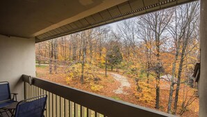 Ein Balkon mit Blick auf eine bewaldete Landschaft im Herbst.