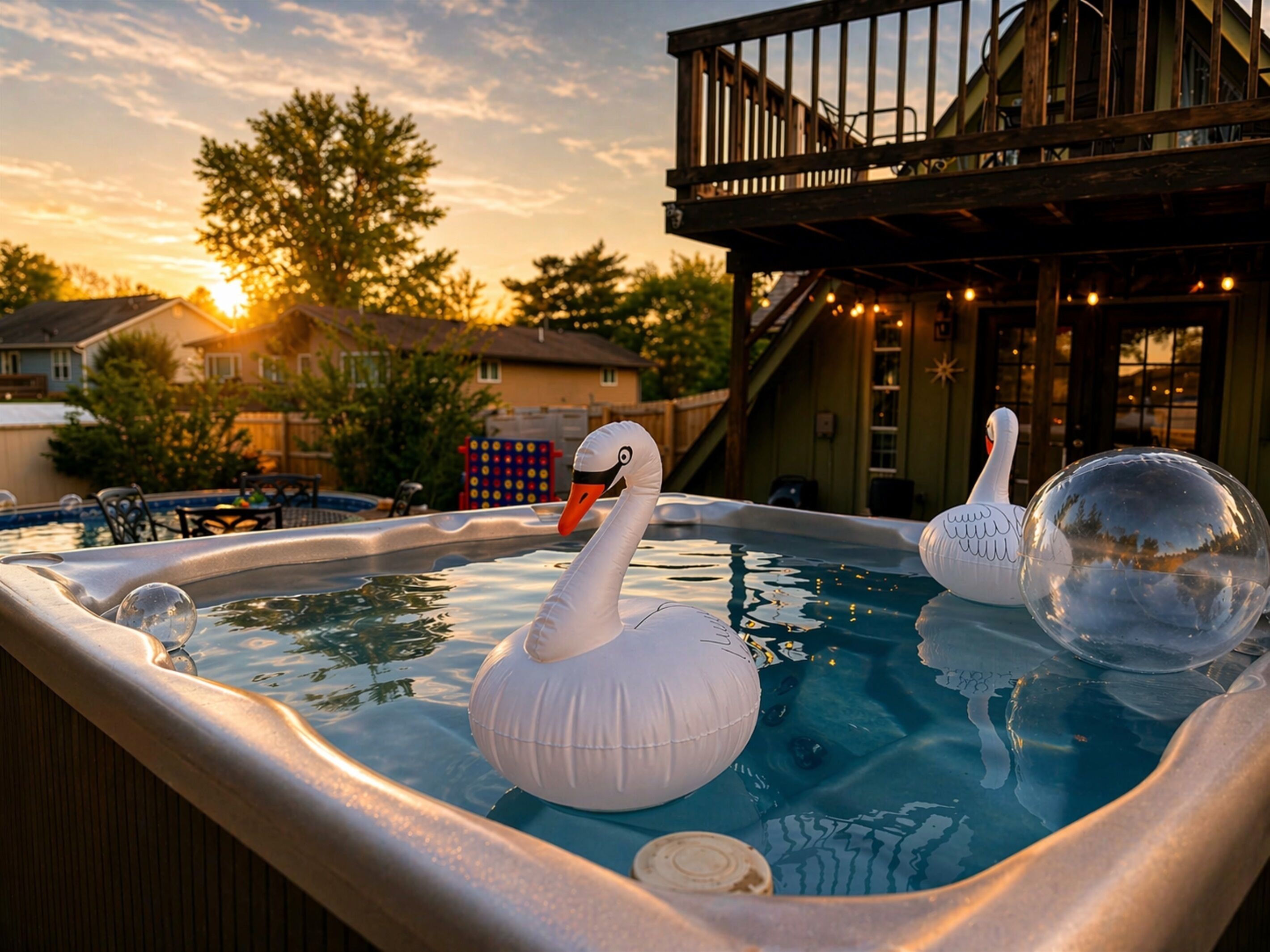 A hot tub with swan-shaped floats and a wooden deck.