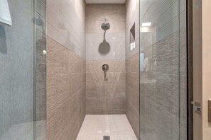 Shower, hair dryer, shampoo