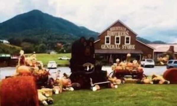 A building labeled "Mansfield Brothers General Store" with a mountainous backdrop. - Honey Moon Hideaway Log Cabin -Pigeon Forge, Hot Tub-Pool-Fishing (Sevierville)