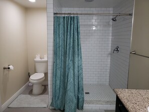 Combined shower/tub, hair dryer, towels, soap