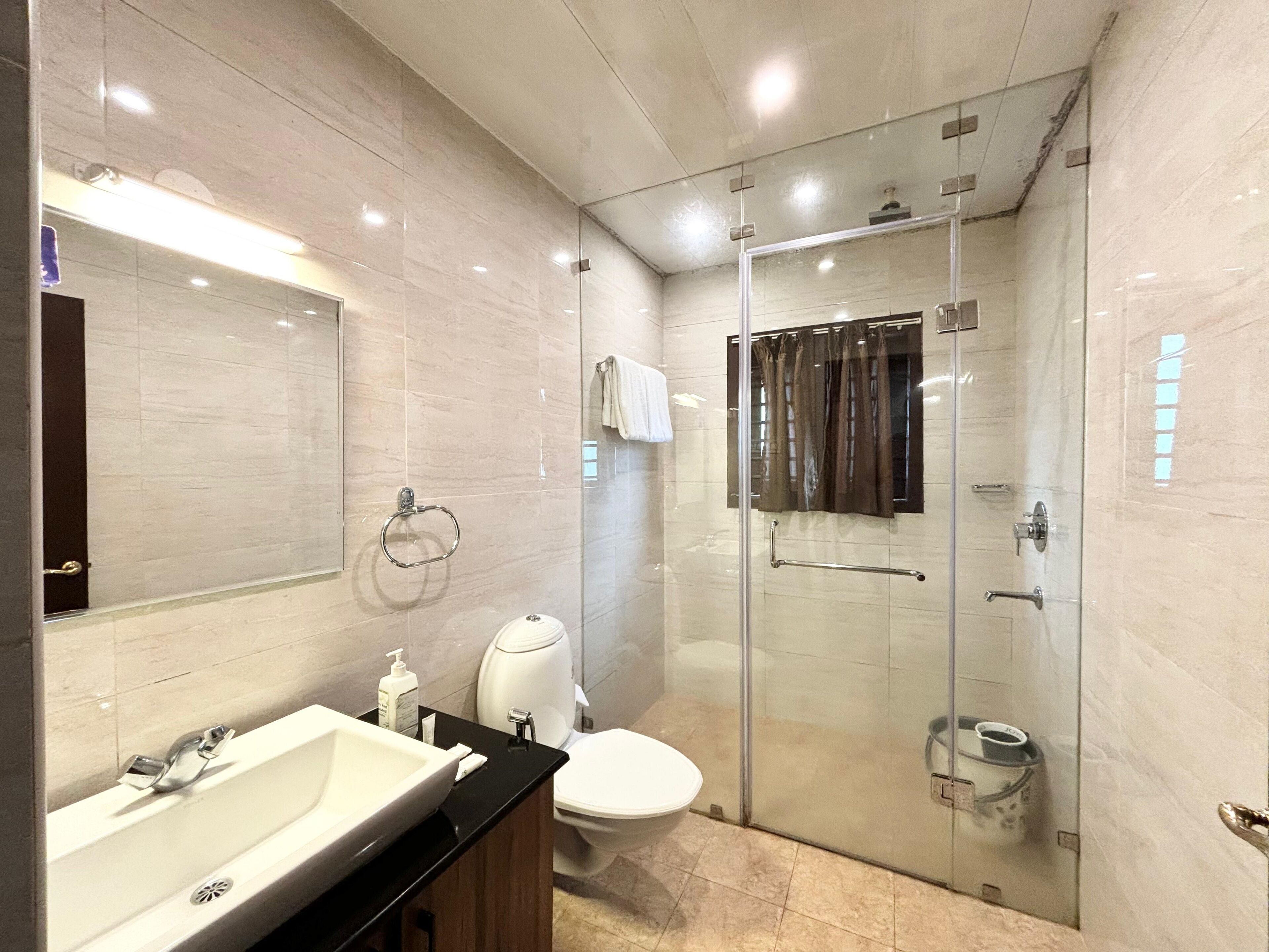 A modern bathroom with a glass-enclosed shower, a white toilet, and a large mirror.