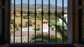 A view through a window with metal bars, featuring a rural landscape with hills, a small building with a tiled roof, and some palm trees.