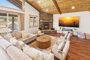 TV, fireplace, DVD player, books