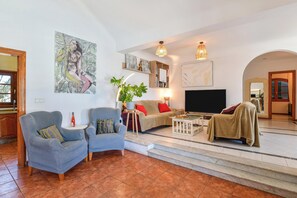 Televisión, chimenea, reproductor de DVD y estéreo