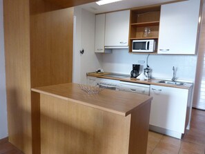 Familie appartement, 2 slaapkamers | Privékeuken | Een koelkast met diepvriezer, een microgolfoven, een oven, een kookplaat